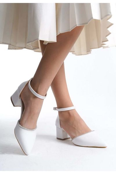 KCMN Mehtap Ankle Banded Stripe Stone Heeled Classic Women's Heeled Shoes White