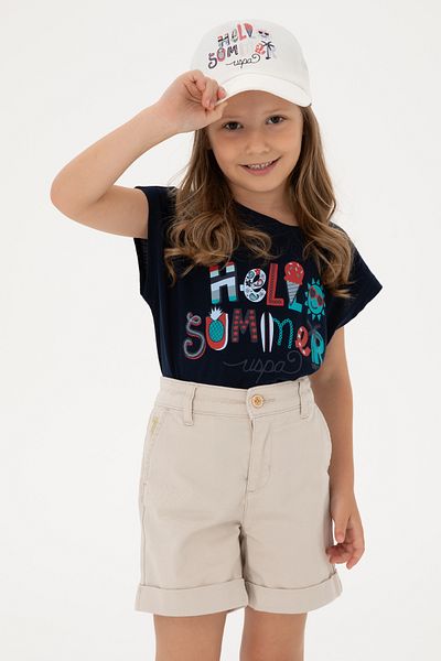 U.S. Polo Assn. Girl's Navy Blue Crew Neck Printed Cotton T-Shirt 50306190-Vr033