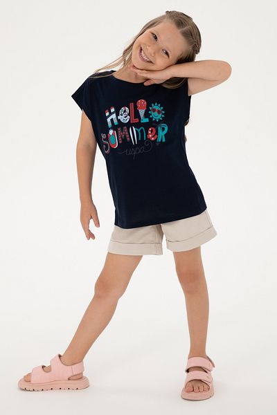 U.S. Polo Assn. Girl's Navy Blue Crew Neck Printed Cotton T-Shirt 50306190-Vr033