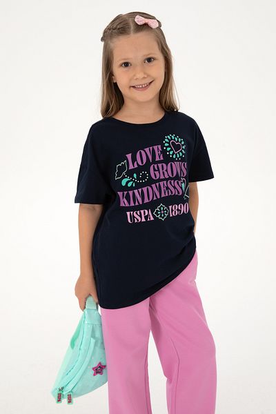 U.S. Polo Assn. Girl's Navy Blue Crew Neck Printed Cotton T-Shirt 50306197-Vr033