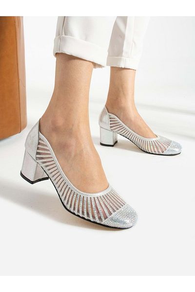 KCMN Feles Laser Detailed Stone Women's Classic Heeled Shoes Silver