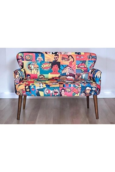 WATERYBROOK Ikili Koltuk - Etnik Desen - Nubuk Kumaş - Ahşap Ayak - Mor