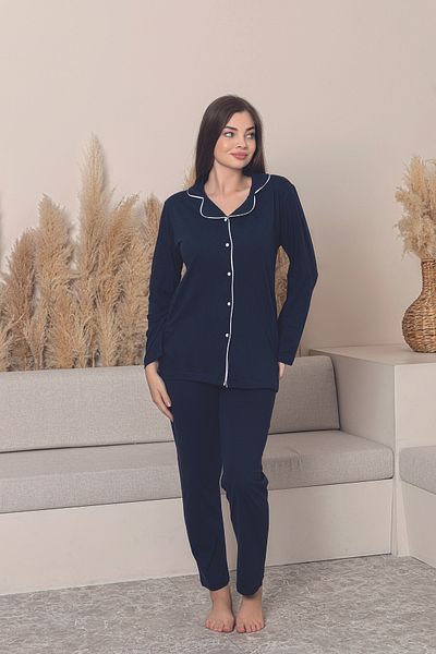 FORMO Women's 100% Cotton Piping High Quality Shirt Collar Buttoned Long Sleeve Battal Pajama Set