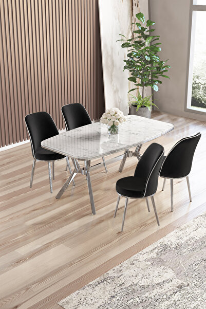 Canisa Lena Serisi 90x160 Lak Panel Beyaz Mermer Desen Kromkaplama Ayaklı Mas...