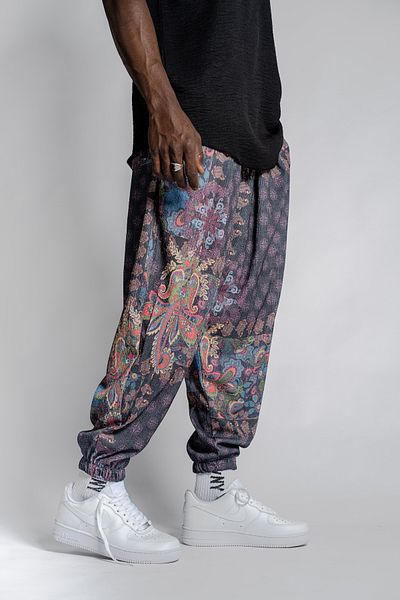 SUPERBLUE Men's Patterned Baggy Wrinkled Summer Baggy Trousers