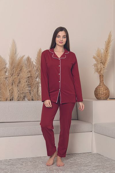 FORMO Women's 100% Cotton Piping High Quality Shirt Collar Buttoned Long Sleeve Battal Pajama Set