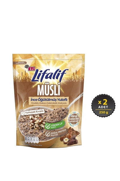 Eti Lifalif İnce Öğütülmüş Yulaflı Fındıklı, Kakao Çekirdekli, Kakaolu Müsli 250 g x 2 Adet