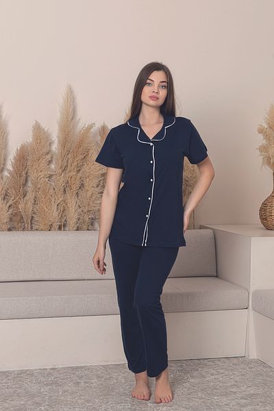 FORMO Women's 100% Cotton Piping High Quality Shirt Collar Button Short Sleeve Battal Pajama Set