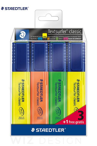 Staedtler 364-s Wp4p Textsurfer Classic Highlighter 4 قطع في blister (3 ألوان، 1 لون مجاني)