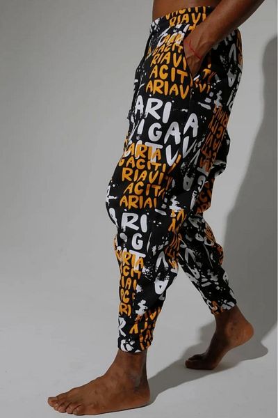 Superbluemexico Men's Letter Patterned Loose Yellow Baggy Trousers