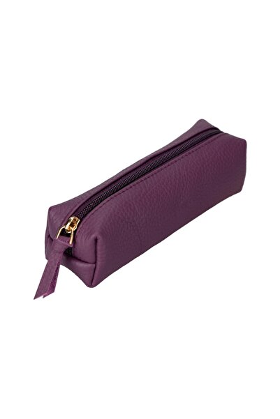 PLM Real Leather Pencil Case, Handmade Zippered Case, Purple