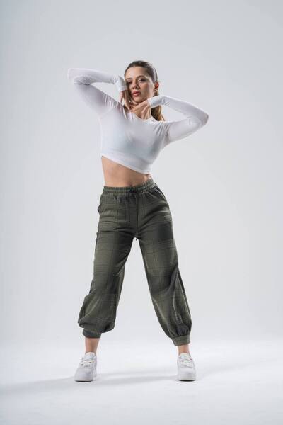 Superbluemexico Kadın Ekose Lastikli Haki Jogger Pantolon