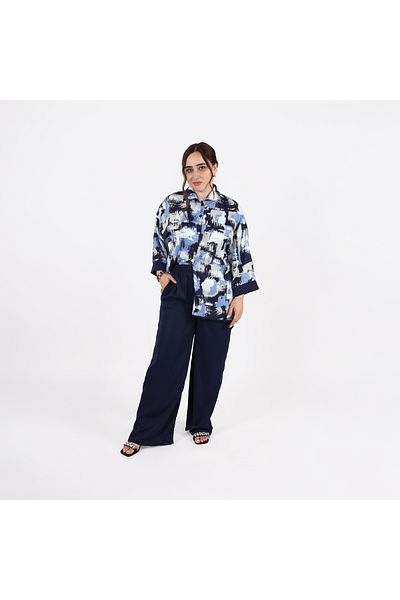 LINELLE Ladies Co-ord Pant Set- Abstract Printed Shirt and Solid Color Pant with Long Sleeves.