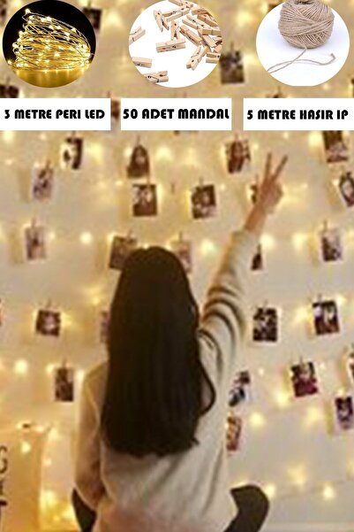 ALSHOP Peri Led Işık 3 Metre 30 Ledli Gün Işığı +50 Adet Mini Mandal +5 Metre Hasır Ip