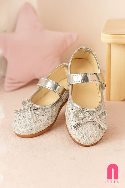 Nstil Daily Girl's Silver Ballerina Ballerina Velcro Tape Sequin and Bow Detailed Lightweight Comfortable Shoes 413