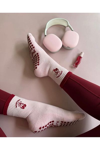 PS Girls Pilates Yoga Socks - Cherry Girl Heart Non-Slip Socks