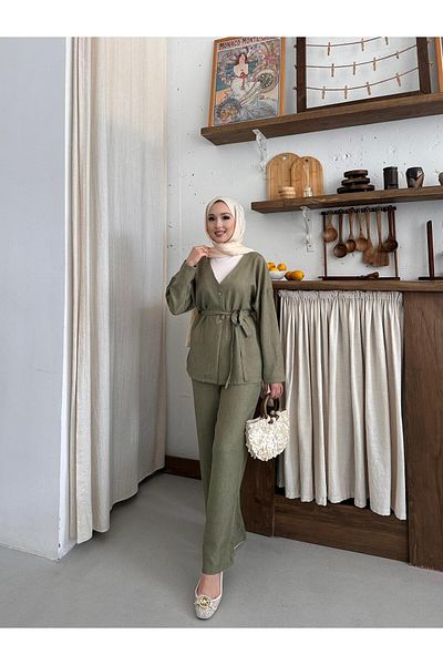 New Lune Women's Clothing Green Color Linen Belted Kimono Suit Bottom Top Double Suit, Hijab Suit