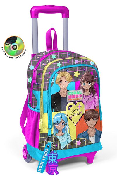 Coral High Gri Albastru Roz Rucsac școlar cu trei compartimente cu model anime cu racletă 23937