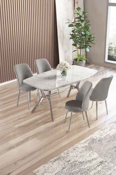 Canisa Lena Serisi 90x160 Lak Panel Beyaz Mermer Desen Kromkaplama Ayaklı Masa Takımı Ve 4 Gri Sandalye