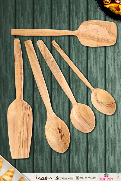MONTESEV Zeytin Ağacı Ahşap Tahta Kaşık Spatula Seti ( Zeytin Ağacı ) Ağaç Kaşık