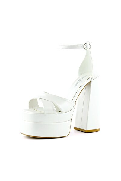 Erkan Saçmacı Pearl White Open Front Cross Strap Double Platform Thick Heeled Evening Dress Bridal Shoes