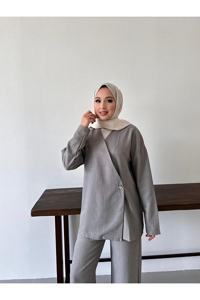 New Lune Women's Clothing Linen Gray Color Side Buttoned Tunic Trousers Set, Bottom Top Set