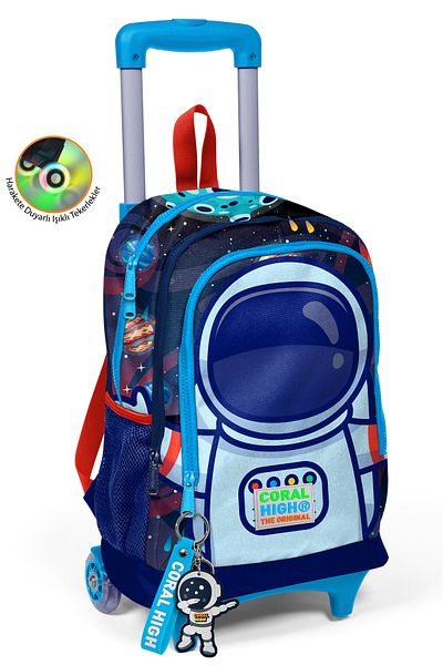 Coral High Rucsac școlar cu trei compartimente cu model Saks Blue Astronaut pentru copii, cu racletă 23924