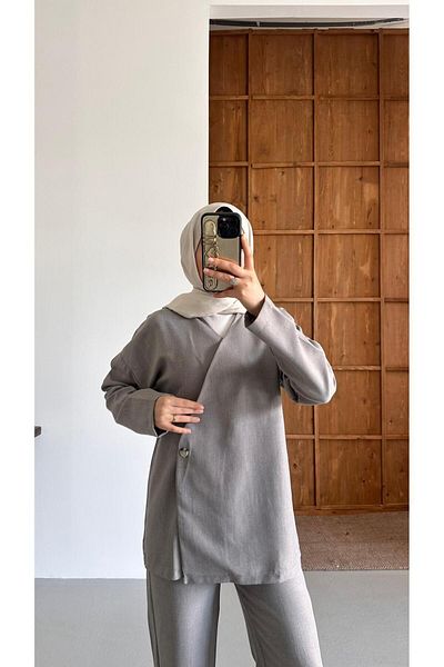 New Lune Women's Clothing Linen Gray Color Side Buttoned Tunic Trousers Set, Bottom Top Set