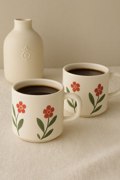Anadolu Saray Set of 2 Handmade Ceramic Clover Flower Patterned Mug Set Turkish Coffee Cup Gift