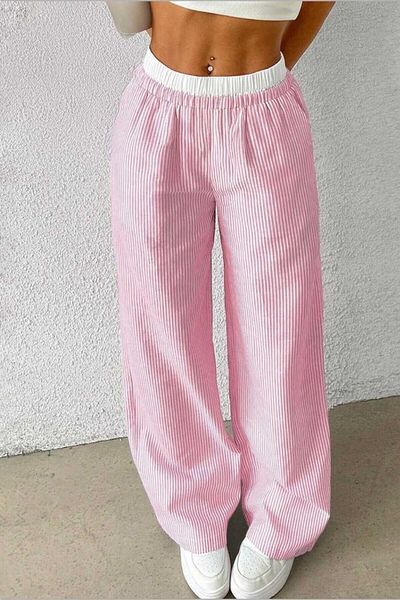 The Champ Clothing Women's Pink Striped Poplin Woven Trousers – High Waist Elastic Wide Leg Comfortable Model