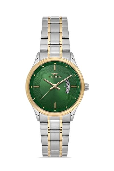 FERRO Fl21464A-D6 Quartz Steel Gold/Gray Green Dial 31 mm Women's Wristwatch (with Bracelet Gift)