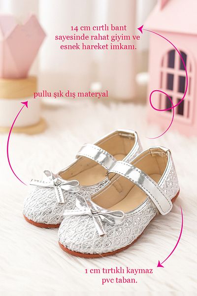 İmerShoes Pantofi de zi cu zi pentru fete, argintii, cu velcro, paiete și fundă, pantofi ușori și confortabili 413