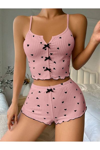 GAZANİGA Women's White Strappy Patterned Nightgown Pajama Shorts Set Pi̇nk