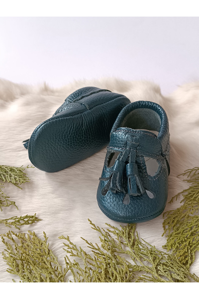 Hodore Wizy Tasseled Petrol Blue Genuine Leather Baby Booties Moccasins