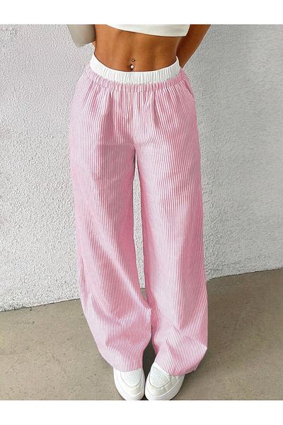 The Champ Clothing Women's Pink Striped Poplin Woven Trousers – High Waist Elastic Wide Leg Comfortable Model
