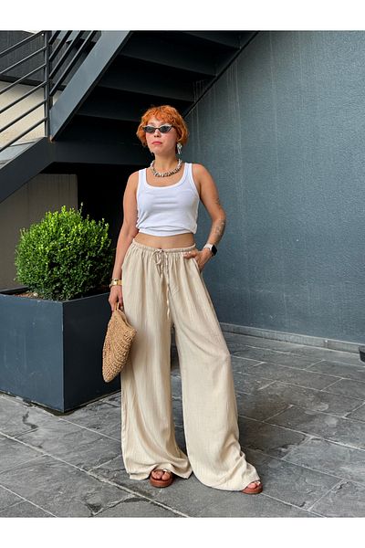 Bak'ap Pantaloni largi de vară din in Seersucker premium cu șireturi