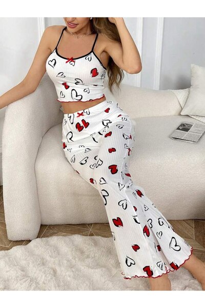 GAZANİGA Kadın Likralı Kalp Desenli Baskılı Gecelik Pijama Takımı DURU