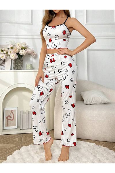 GAZANİGA Women's Lycra Heart Patterned Printed Nightgown Pajama Set Duru
