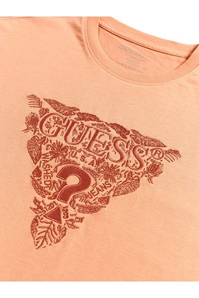 Guess Men's Orange Floral Embroidered T-Shirt