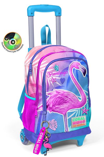 Coral High Rucsac de școală cu trei compartimente cu model flamingo roz lavandă și racletă cu roți