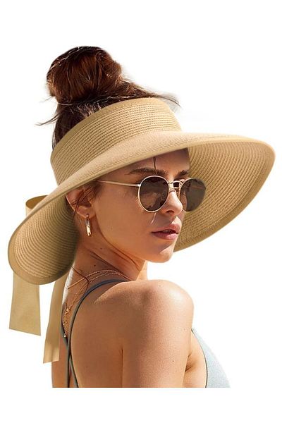 Luminos Butik Beige Foldable Straw Visor Hat - Sunscreen, Ribbon Hsr2080