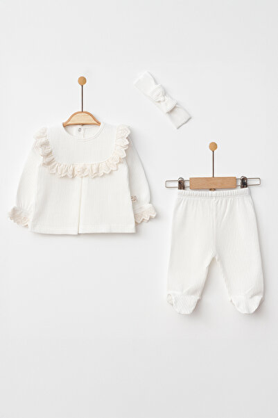 O Baby طقم بيبي جيرل أبيض مع رباط دانتيل - قطن 100% - تصميم خاص لحديثي الولادة