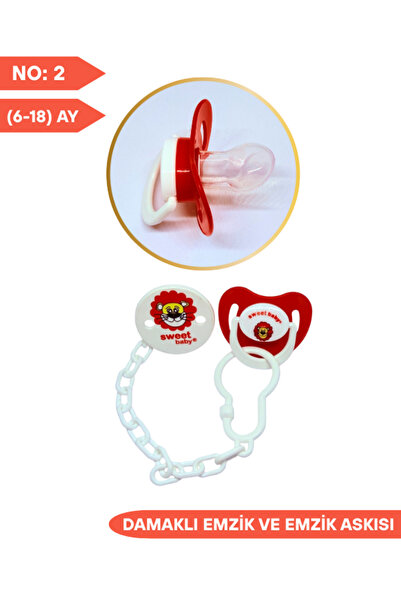 SWEET BABY Damaklı Silikon Emzik ve Emzik Askısı No:2, 6-18 Ay Kırmızı Aslan ...