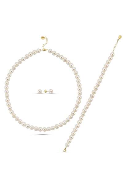 Birinci1926 925 Ayar Gümüş Kadın Sıralı Inci Kolye Bileklik Küpe Set