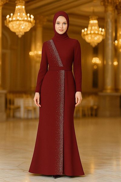 Neva Style Βραδινό φόρεμα με χάντρες μπορντό Hijab 32150br