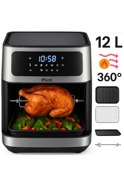 iHunt Friteuza cu aer cald si rotisor fara ulei iHunt Bro Air Fryer 12L Rotary, 1800W, Circulatie aer 360