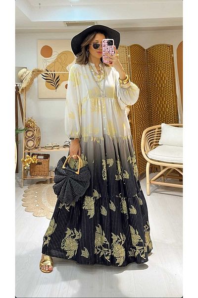 QUAWEAR V-Neck Gold Foil Printed Glittery Viscose Fabric Full Length Dress