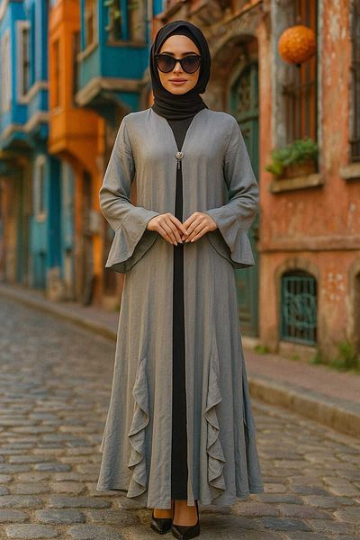 Neva Style Βολάν Λεπτομερές Γκρι Hijab Abaya 1535γρ