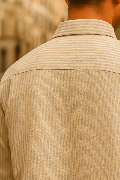 DAMGA JEANS Ανδρικό μακρυμάνικο ριγέ καλοκαιρινό φαρδύ κρεμ πουκάμισο