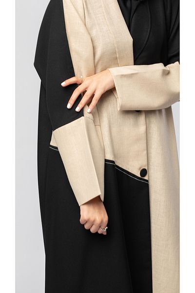 outline Formal cut abaya with front button in black and beige